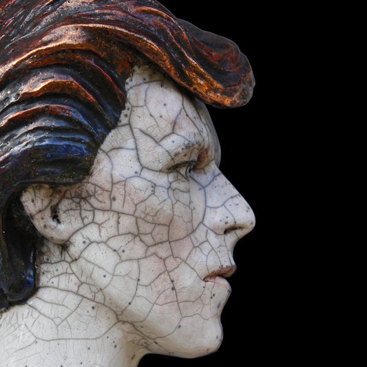 David Bowie Cracked Actor face sculpture made of raku ceramic by Maria Primolan Sculptor