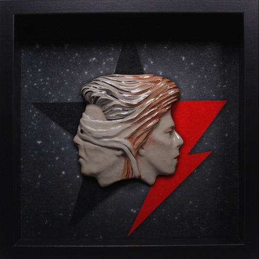 David Bowie Lazarus-Ziggy Double Head framed sculptures made of painted ceramic by Maria Primolan sculptor