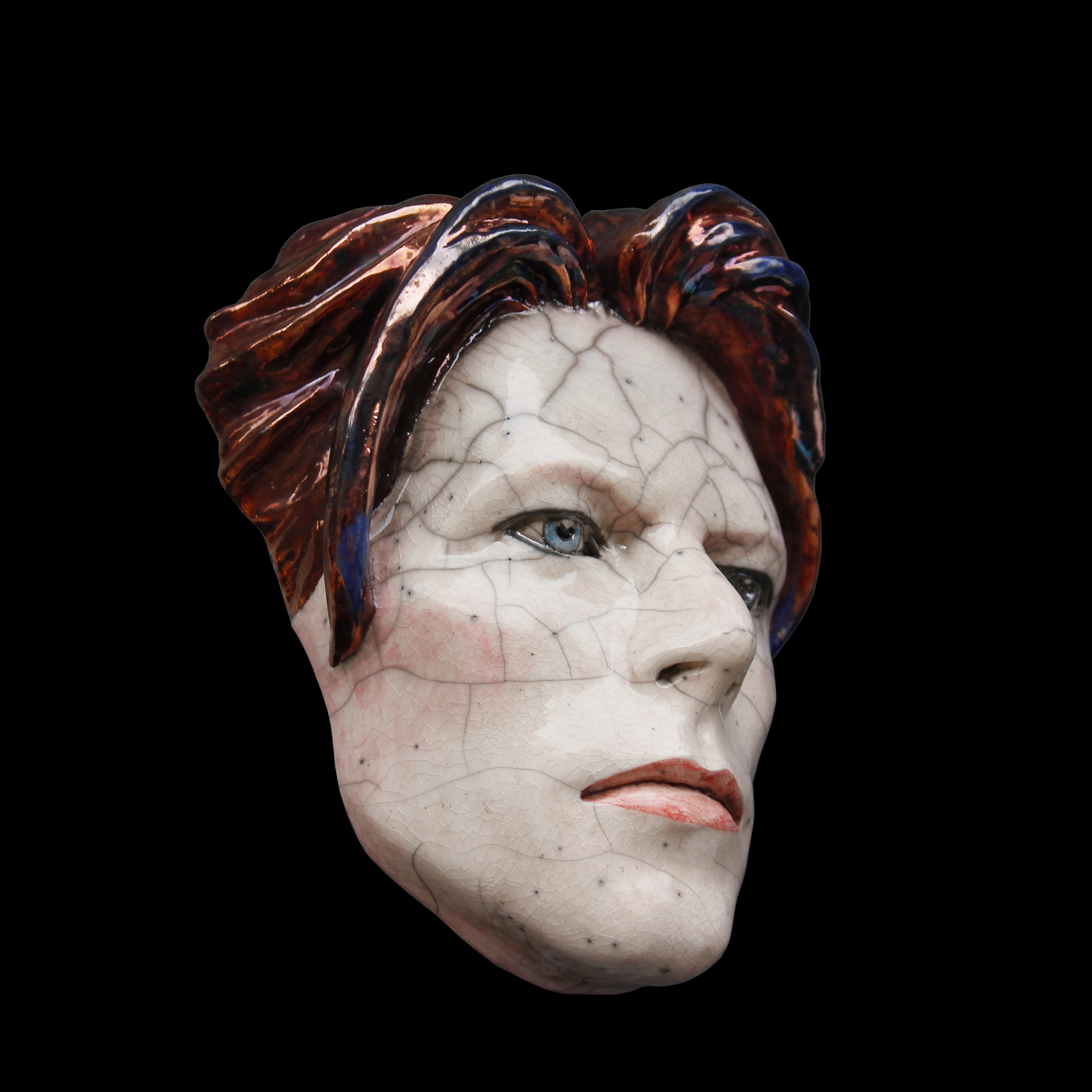 David Bowie Portrait mask made of raku ceramic by Maria Primolan Sculptor
