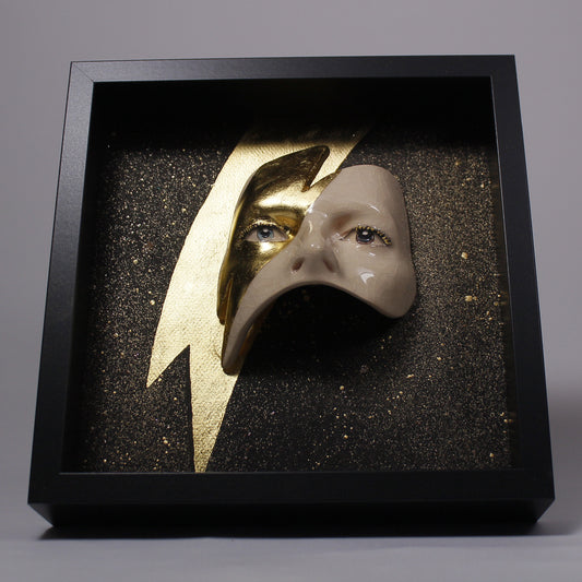 Eyes Sculpture with Gold LEAF Lightning - Framed Painted Ceramic Sculpture Glazed