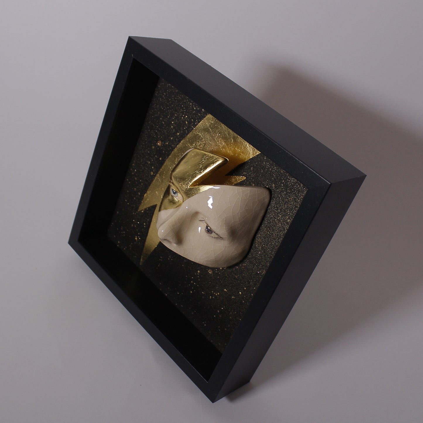 Eyes Sculpture with Gold LEAF Lightning - Framed Painted Ceramic Sculpture Glazed