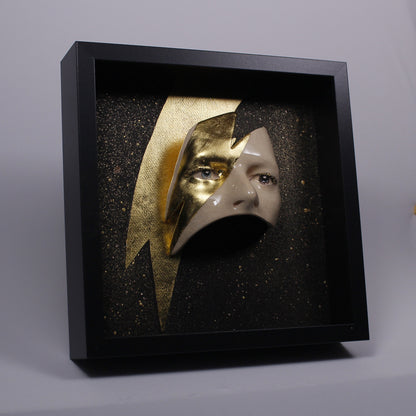 Eyes Sculpture with Gold LEAF Lightning - Framed Painted Ceramic Sculpture Glazed