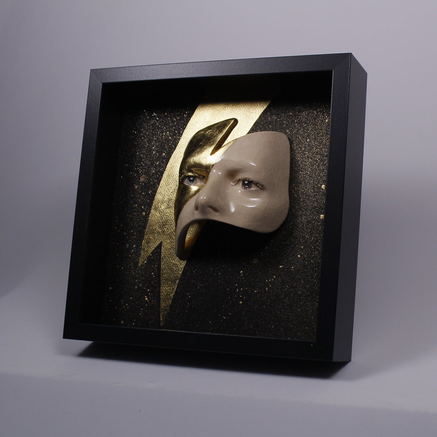 Eyes Sculpture with Gold LEAF Lightning - Framed Painted Ceramic Sculpture Glazed