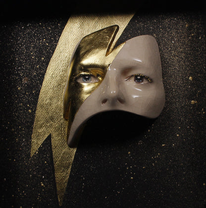 Eyes Sculpture with Gold LEAF Lightning - Framed Painted Ceramic Sculpture Glazed