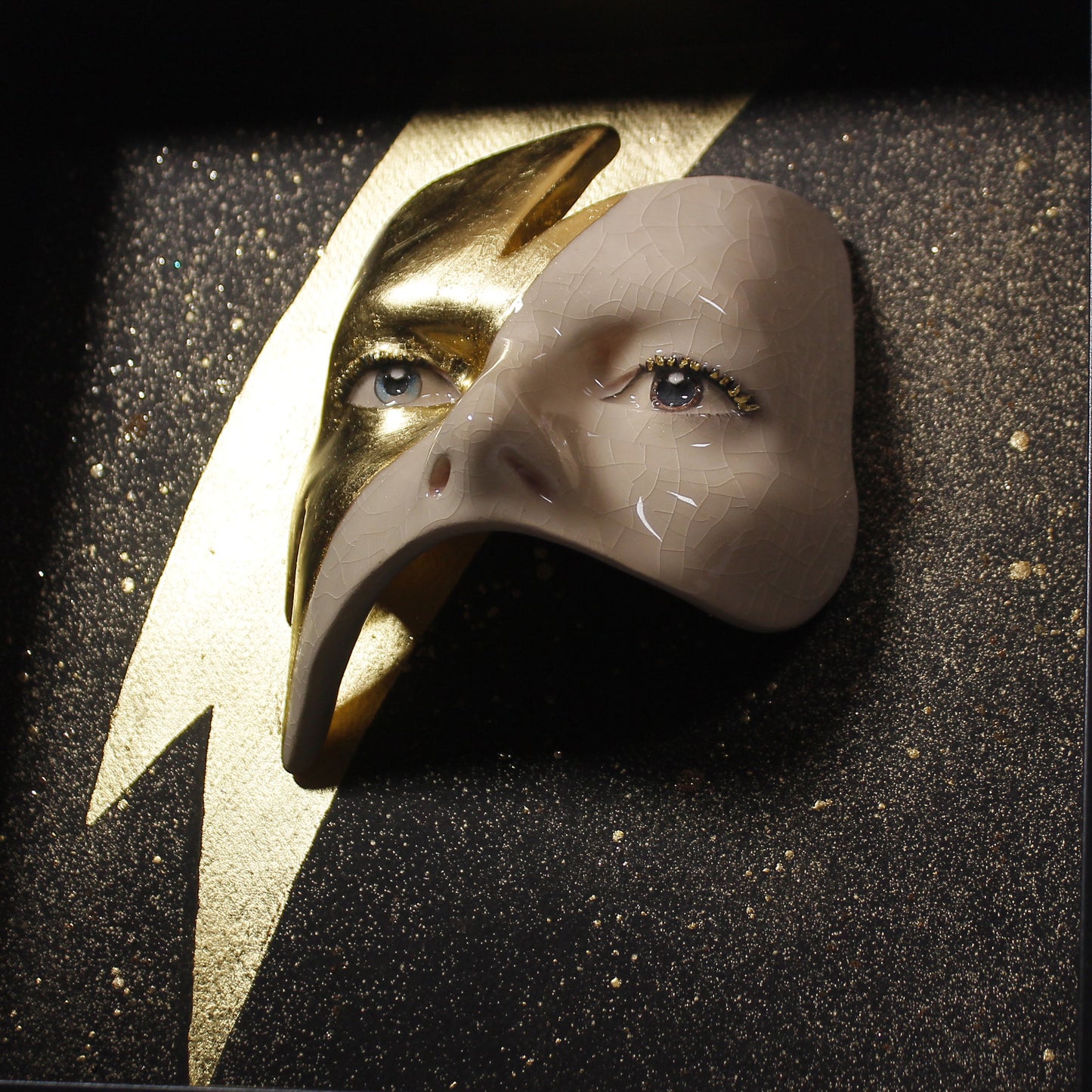 Eyes Sculpture with Gold LEAF Lightning - Framed Painted Ceramic Sculpture Glazed