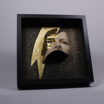 Eyes Sculpture with Gold LEAF Lightning - Framed Painted Ceramic Sculpture Glazed