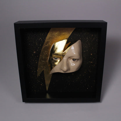 Eyes Sculpture with Gold LEAF Lightning - Framed Painted Ceramic Sculpture Glazed