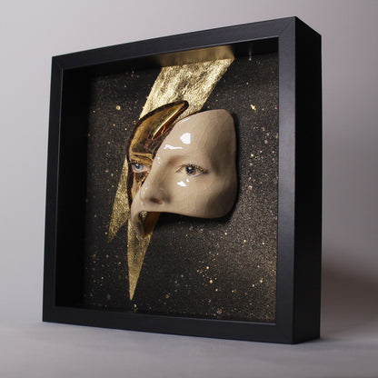 Eyes Sculpture with Gold LUSTER Lightning - Framed Painted Ceramic Sculpture Glazed