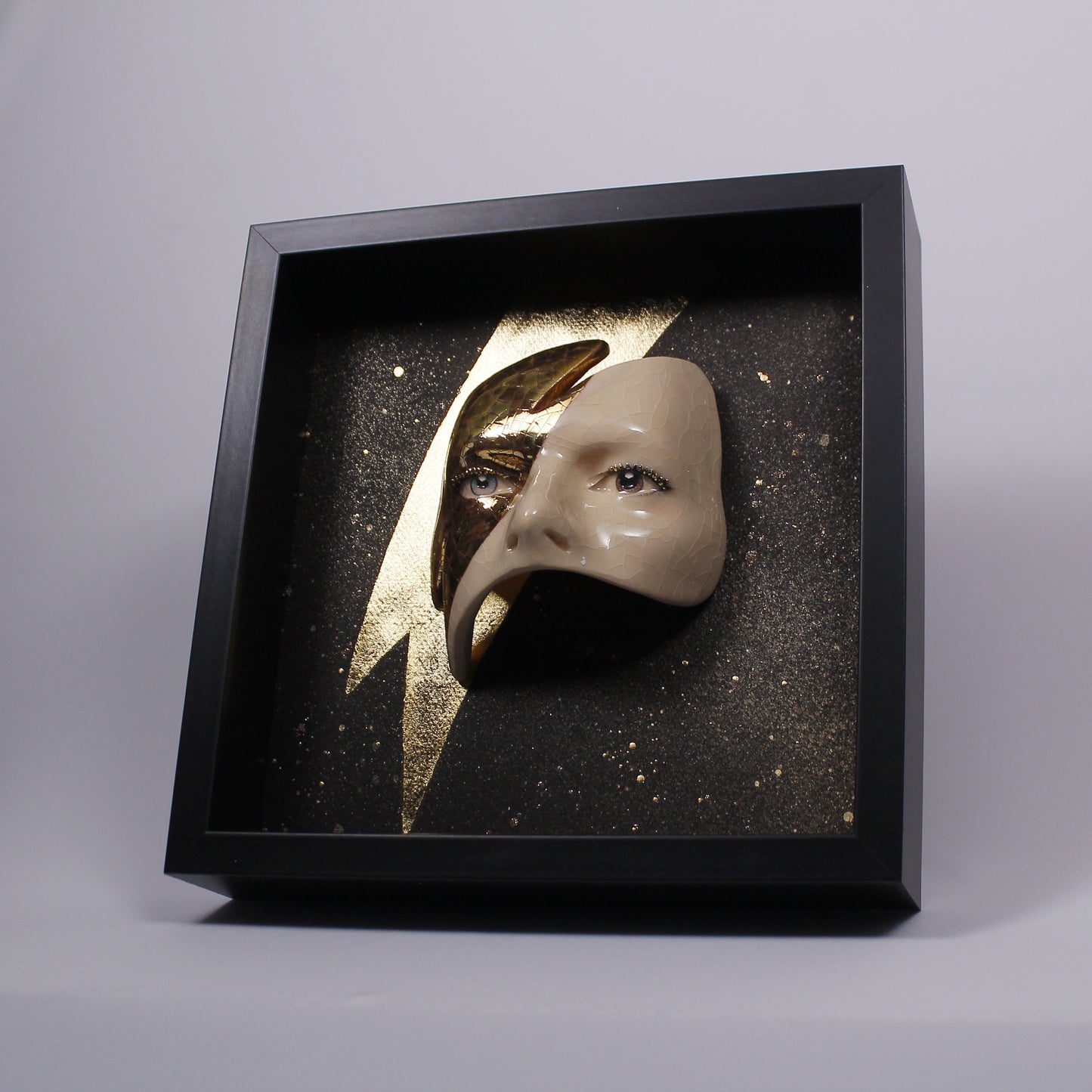 Eyes Sculpture with Gold LUSTER Lightning - Framed Painted Ceramic Sculpture Glazed