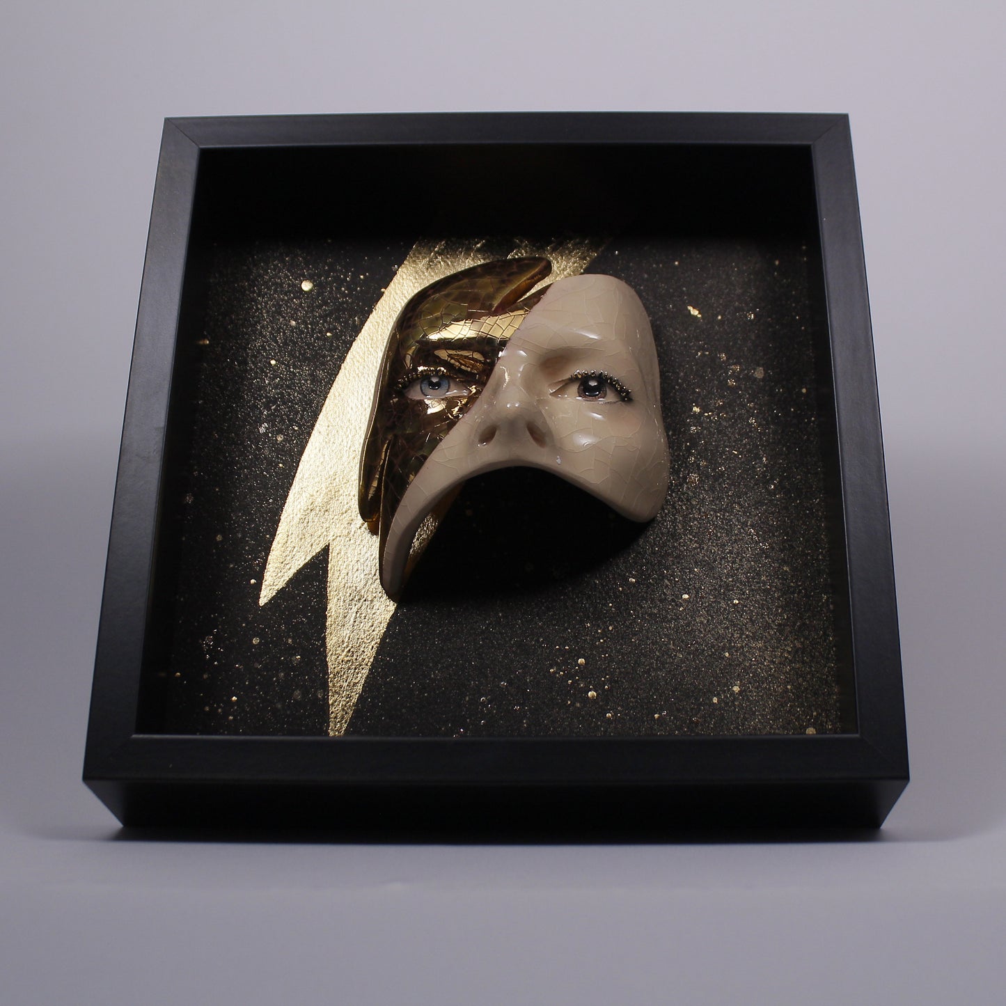 Eyes Sculpture with Gold LUSTER Lightning - Framed Painted Ceramic Sculpture Glazed