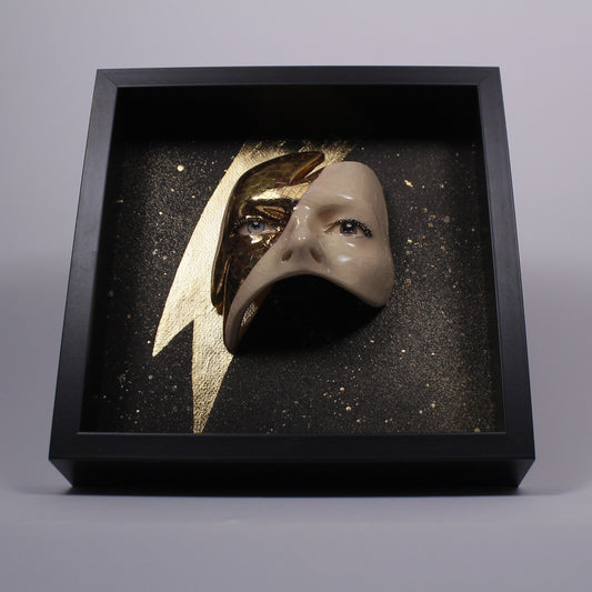 Eyes Sculpture with Gold LUSTER Lightning - Framed Painted Ceramic Sculpture Glazed