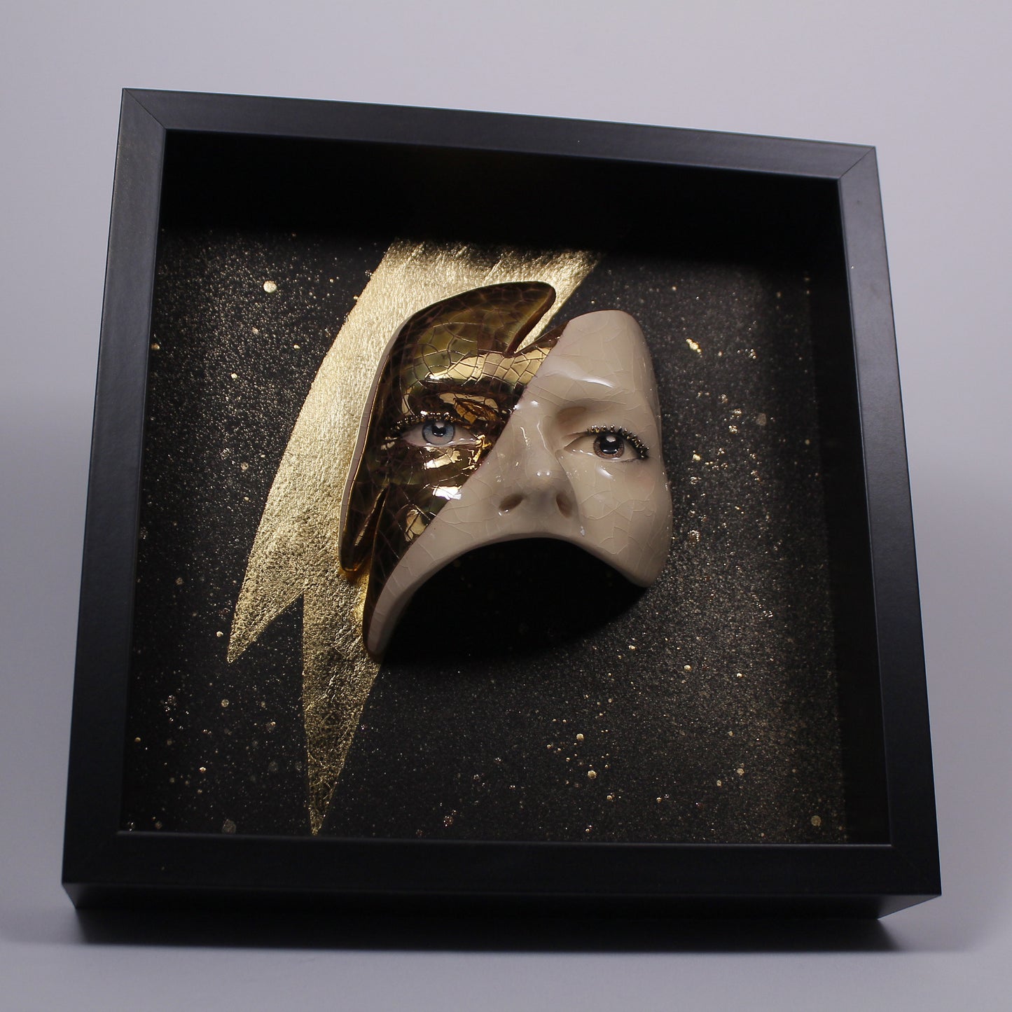 Eyes Sculpture with Gold LUSTER Lightning - Framed Painted Ceramic Sculpture Glazed