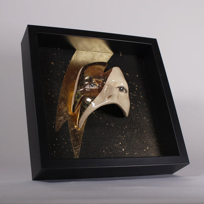 Eyes Sculpture with Gold LUSTER Lightning - Framed Painted Ceramic Sculpture Glazed