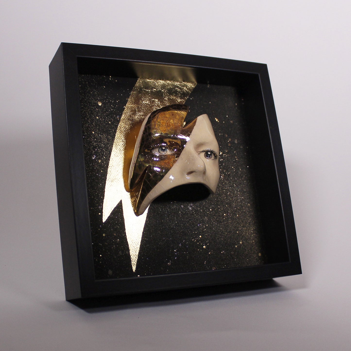 Eyes Sculpture with Gold LUSTER Lightning - Framed Painted Ceramic Sculpture Glazed